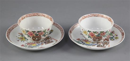 A pair of Chinese famille rose teabowls and saucers, Yongzheng period, saucers 11.7cm diameter, some damage